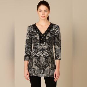 Chico's Black & White Abstract Paisley Print Embellished Tunic Top